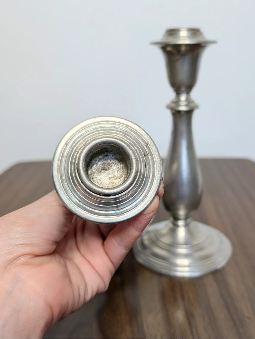 Pair Of Vintage Spindle Silver Tone Mayflower Pewter Tall Candlestick Holders